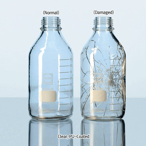 DURAN® Safety Plastic PU-Coated Lab Bottle, With/Without GL Cap & Pour-Ring, Clear & Amber, 25~20,000㎖Boro-glass 3.3, with Graduation & DIN GL-Screwthread, Autoclavable, -30℃+135℃, 안전플라스틱 코팅 랩바틀