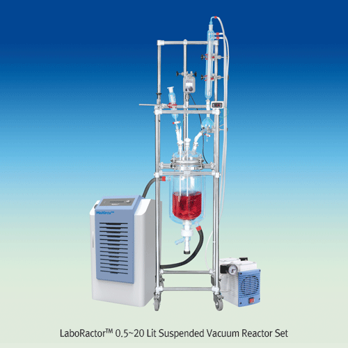 LaboRactorTM 0.5~20 Lit Suspended Vacuum Reactor Set, with Jacketed Glass Vessel·Agitator·Frame·Glass AssemblyWith DN O-ring Flange·PTFE Impeller·PTFE Drainvalve, Digital 50~1000rpm, 행잉 타입 자켓 글라스 진공 반응조 셋트 0.5~20 Lit