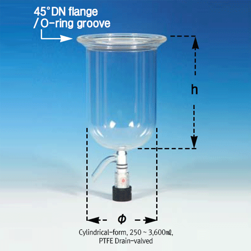 PTFE Drain-valved 250~20,000㎖ DURAN-glass Vacuum/Pressure Reaction Vessel, with 45°DN-flange/O-ring GrooveWith Perfect Compatibility, 0.5~2.5 bar, 배출 밸브형 진공 / 압력 반응 베셀, O-링 홈부, 완벽한 호환성 표준화 규격