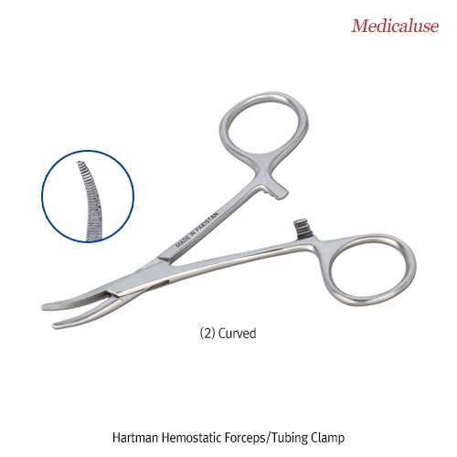 Hartman Hemostatic Forceps/Tubing Clamp, with Serrated Clamp Head, L105mm, Medicaluse<br>Straight- & Curved-type, Stainless-steel 410, 하트만 지혈겸자 포셉 및 튜빙 클램프 겸용, 의료용 & 랩겸용, 비부식