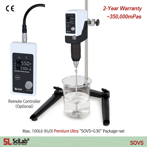 SciLab® Premium Ultra Hi-Torque Overhead Stirrer “SOVS-G30”, with Hi-Capacity BLDC-motor, Max. 60:1With Planetary-gear, Torque(Ncm)·Viscosity(mPas)·Temperature(℃)·Real Time Display, Optional Remote ControlMax. 550rpm, 350,000mPas, 프리미엄 초고점도용 교반기, 고사양 BLDC