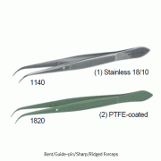 Bochem® Bent·Guide-pin·Sharp·Ridged Forceps, Stainless-steel·PTFE-coated, L105~145mmWith Sharp & Ridged-Tip, 곡형·가이드핀 부 스텐 & PTFE코팅 포셉/핀셋