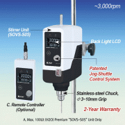 SciLab® Premium Hi-Speed Overhead Stirrer “SOVS-S05”, with Hi-Capacity BLDC-motor, 2:1, Max. 3,000rpmWith Torque(Ncm)·Viscosity(mPas)·Temperature(℃)·Real Time Display, Optional Remote Control, 50,000mPas, Max. 100Lit“Push-Through” Shaft(Φ10mm or Less), 프리