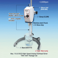 SciLab® High-Speed Analog Overhead Stirrer “WiseStir® SHS-A”, for Low-/Middle-Viscosity, Max.10·20Lit, Max. 3,000rpmWith “Push-Through” Shaft(Φ8mm or Less) and Chuck grip Φ3~10mm, Flex-Coupling Φ6~12mm, up to 5,000·10,000mpas아날로그 고속 교반기, 저/중점도용, 사용교반봉 ; ①