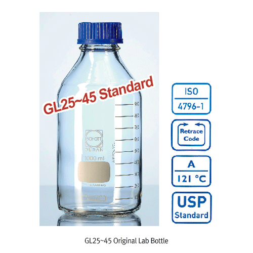 DURAN® Premium GL25~45 Original & GLS80 Wide-neck Laboratory Bottle, Graduated, 10~50,000㎖<br>Borosilicate Clear Glass 3.3, with Screwcap & Pouring Ring, Autoclavable, Ideal for Culture & Multi-use, 오리지널 & 광구 랩바틀