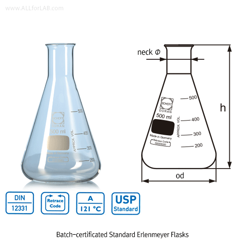 DURAN® Premium Batch-certificated Standard Erlenmeyer Flask, Narrow-neck & Wide-neck, 25~10,000㎖<br>With Graduation, Boro-glass 3.3, DIN·ISO·UPS, <Germany-Made> 프리미엄 표준형 삼각 플라스크