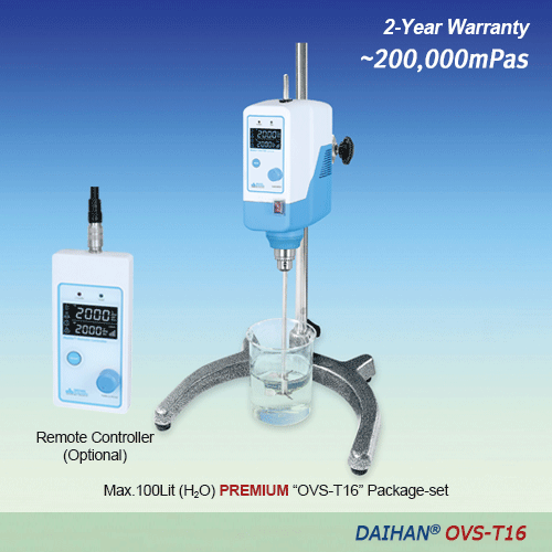 DAIHAN® Premium Hi-Torque Overhead Stirrer “OVS-T16”, with Permanently Brushless Motor(BLDC), Max. 14:1, 200,000mPas<br>With Torque(Ncm)·Viscosity(mPas)·Temperature(℃)·Real Time Display, Optional Remote Control, Max. 2,000rpm<br>“Push-Through” Shaft(Φ10mm