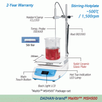 DAIHAN® Premium 500℃ High-Temp Hotplate Stirrer “MSH500”, Solid Ceramic Glass Plate, 200×200mm<br>With Permanently Brushless Shade Motor(BLAC), Large LCD, Optimum Insulation Layer. Accurate Temp Control, Hot-Top Indicator, 80~1,500rpm<br>고온용 디지털 가열 자력 교반기