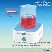 WisdTM 180×180 Midi Hi-Quality Digital Magnetic Stirrer “MS-18D”, Max. 2,500rpm, Max. 5Lit(H2O)<br>With Tempered Glass Plate & PP Housing, Permanently Brushless Motor(BLDC), Digital LED Display, Waterproof, 미디 디지털 자력교반기